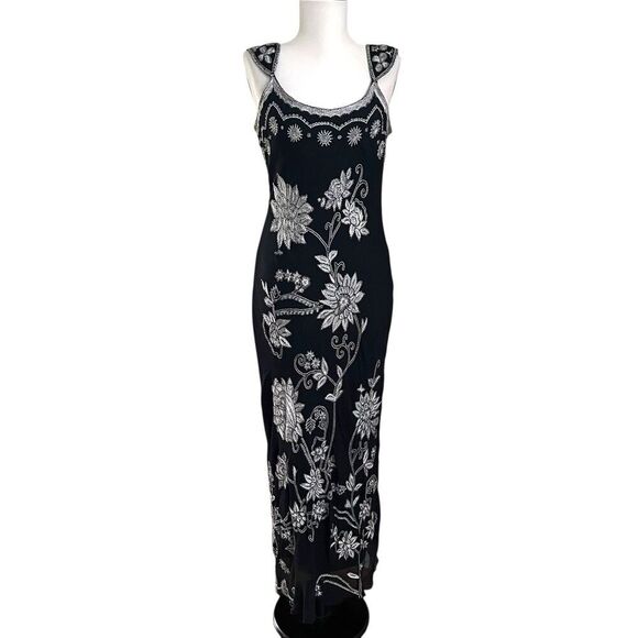 Adrianna Papell Y2K Silk Embroidered Floral Beaded Maxi Dress 10 Whimsigoth - Picture 10 of 16